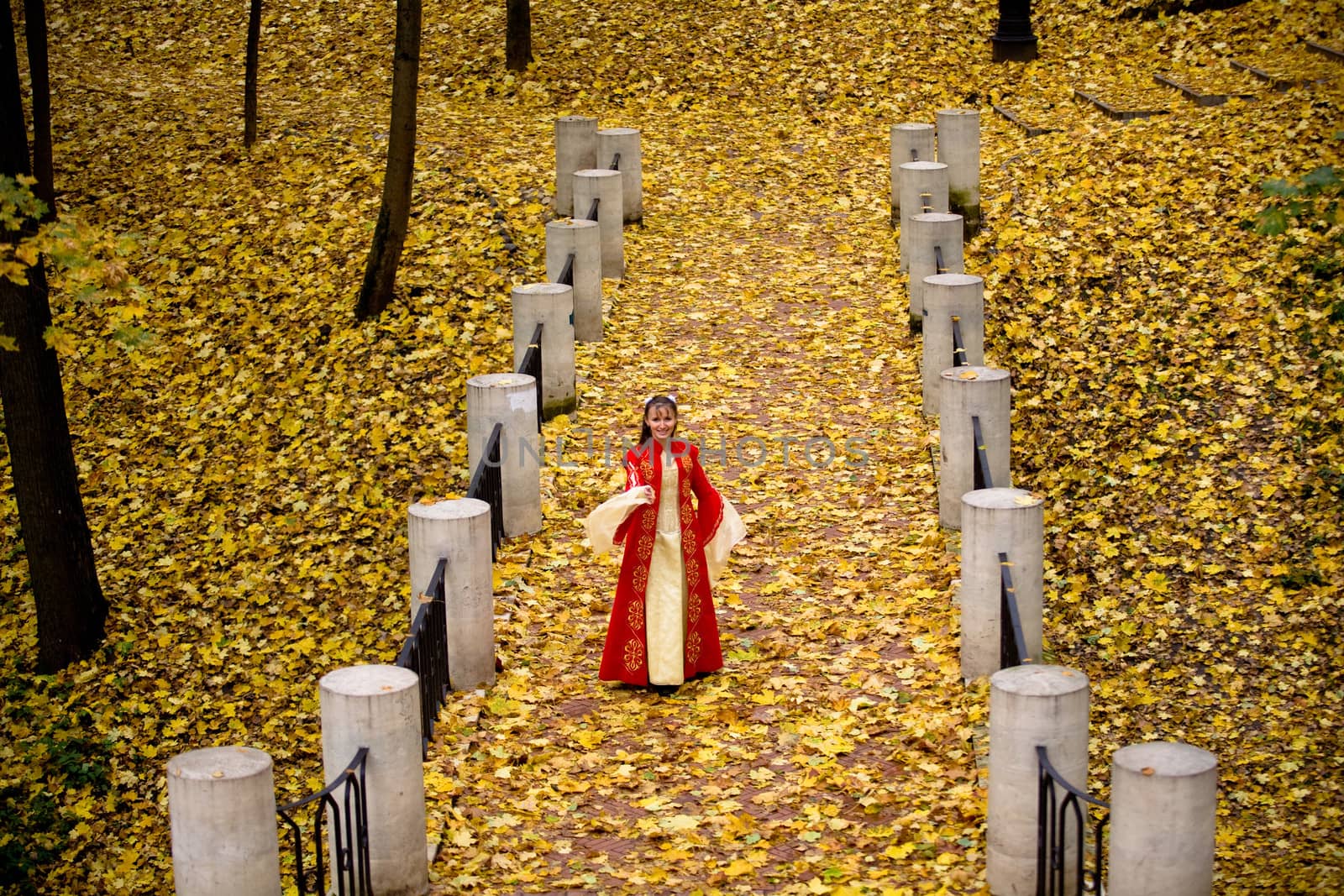 lady in medieval red dress in the autumn forest
