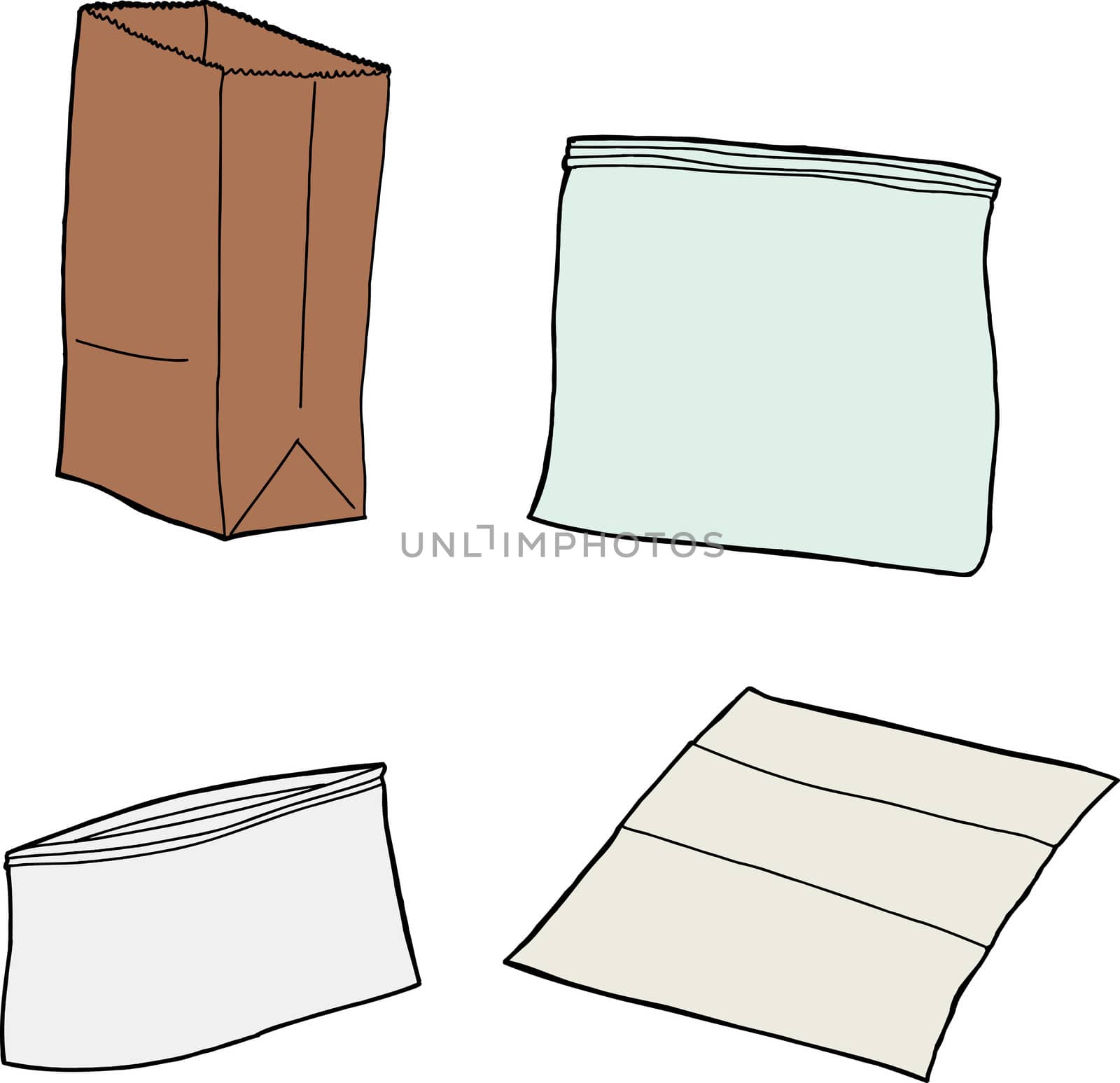 Four isolated resealable, plastic and paper sandwich bags