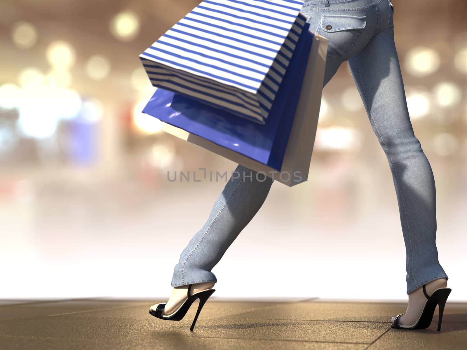 Walking shopping woman holding bag on the city square close up