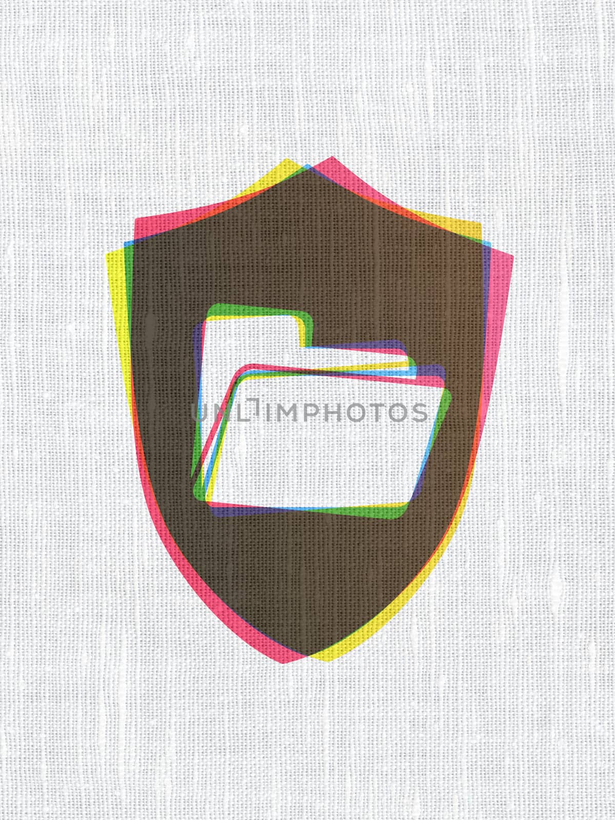 Finance concept: CMYK Folder With Shield on linen fabric texture background, 3d render