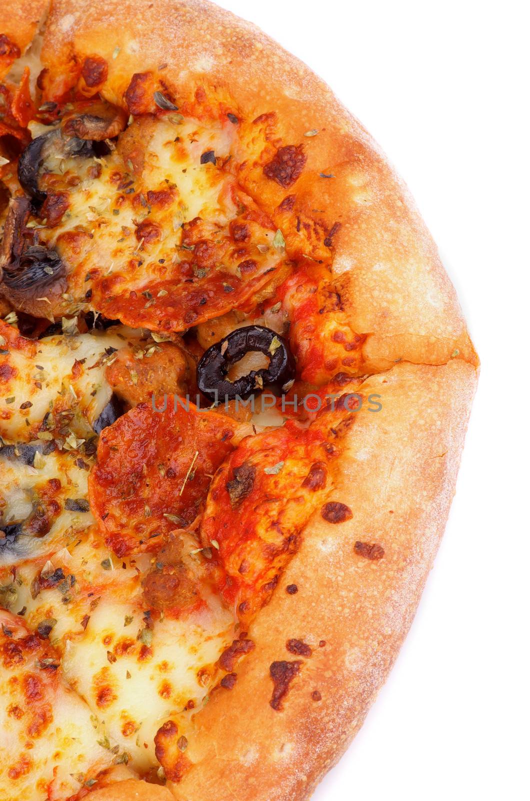 Freshly Baked Pepperoni Pizza with Black Olives, Tomatoes and Spices cross section on White background