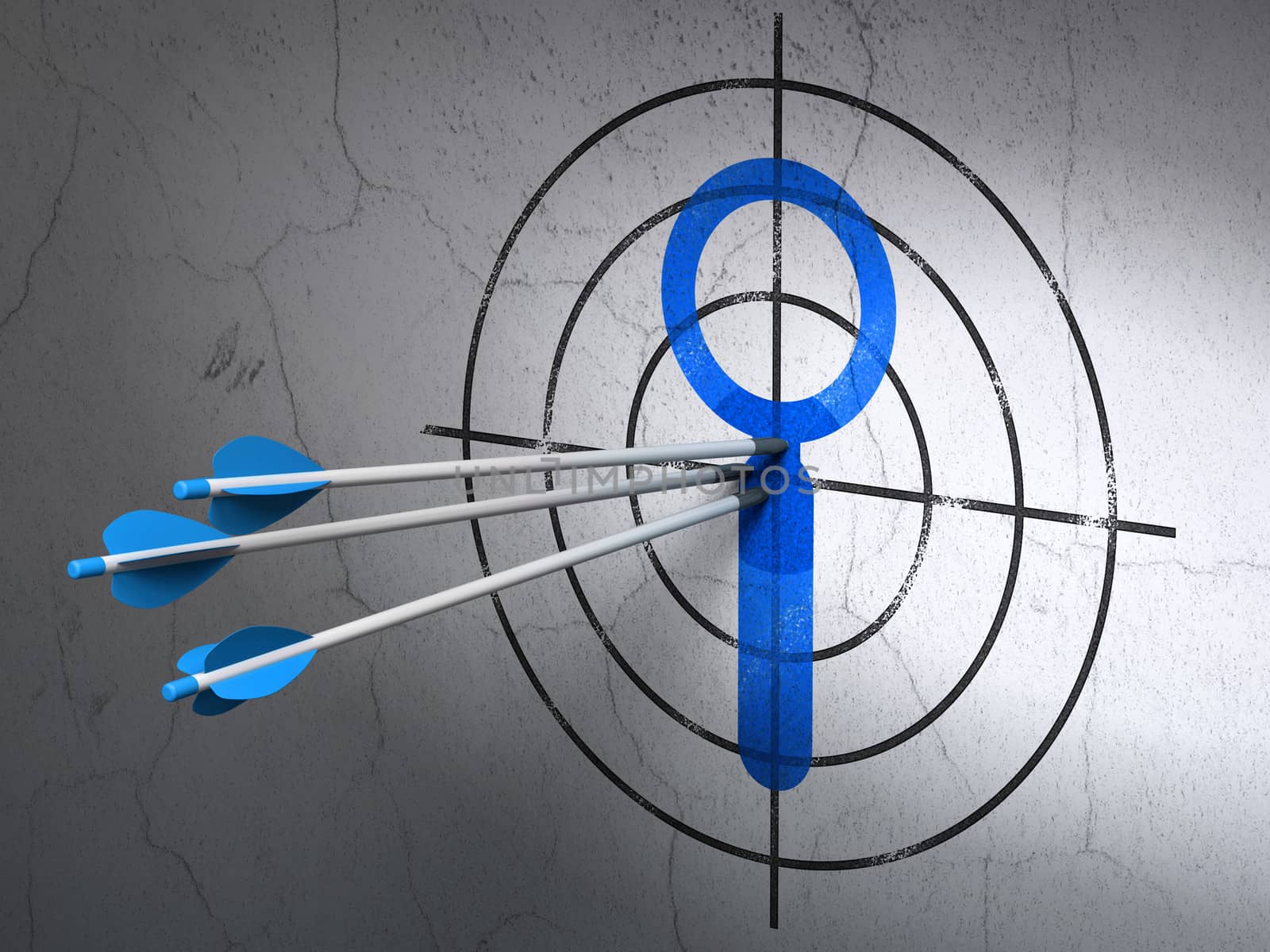 Success web development concept: arrows hitting the center of Blue Search target on wall background, 3d render