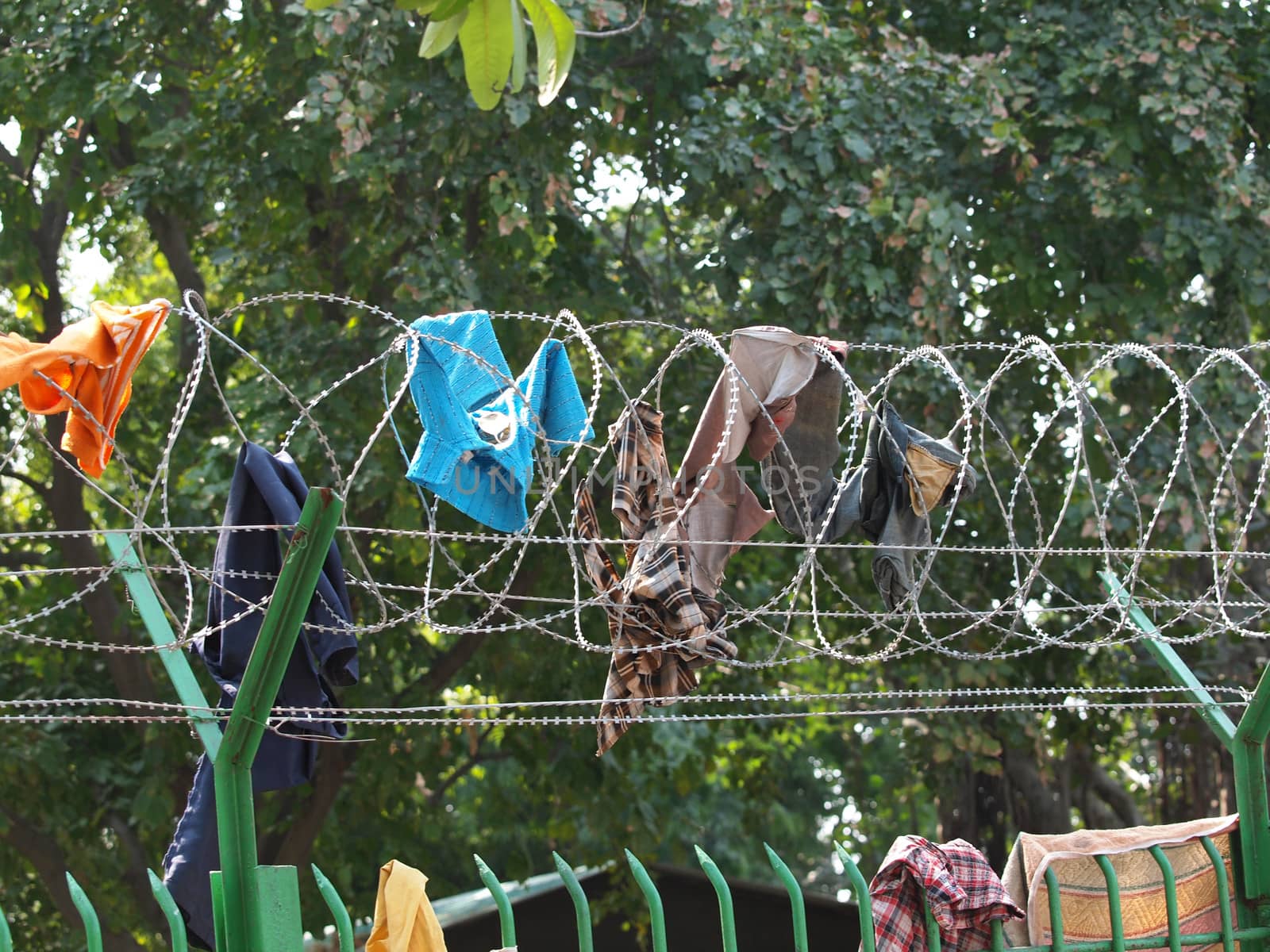 clothes drying on the military fence         