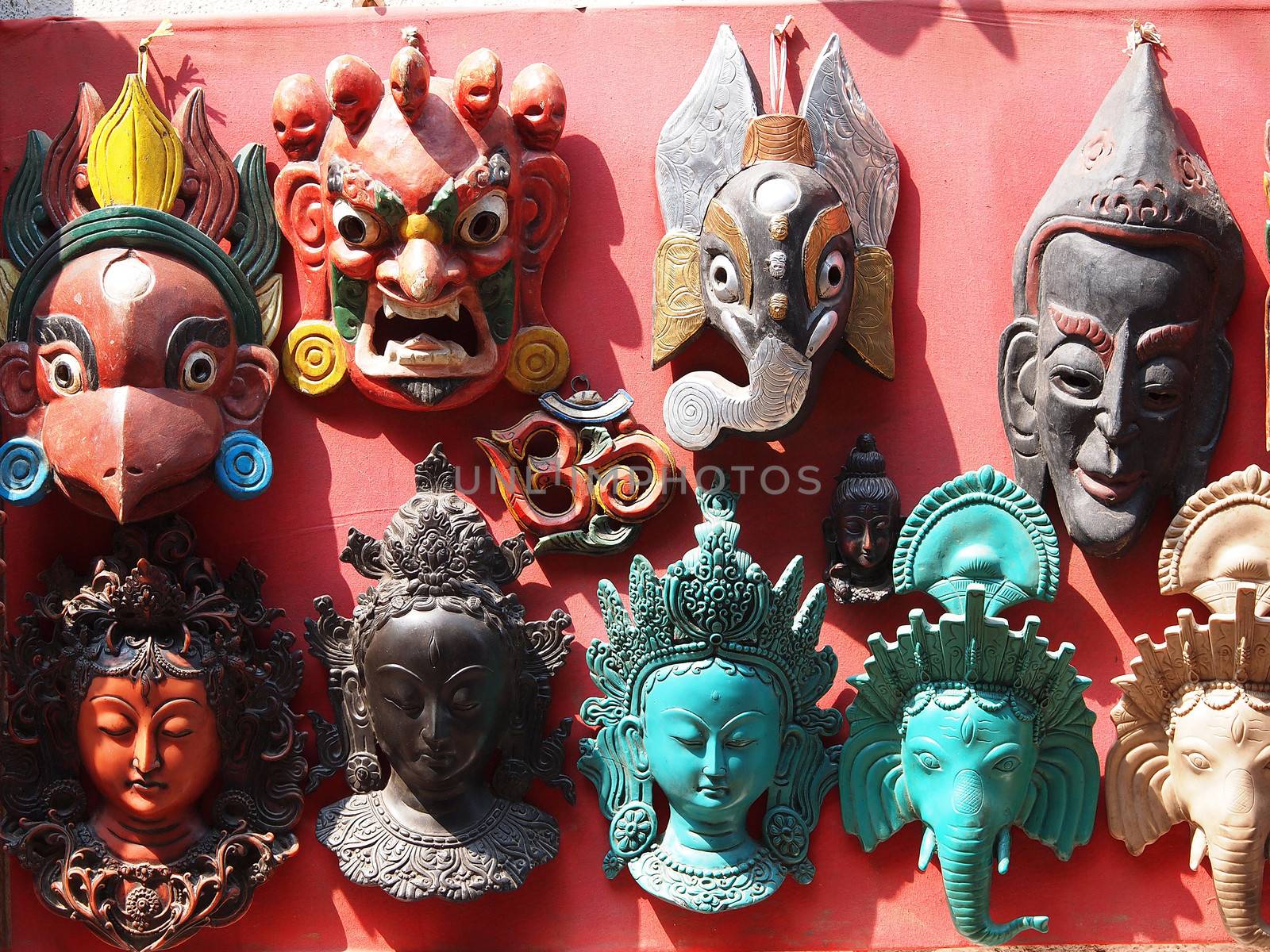 Nepali masks on display in the markets of Bhaktapur, Nepal       