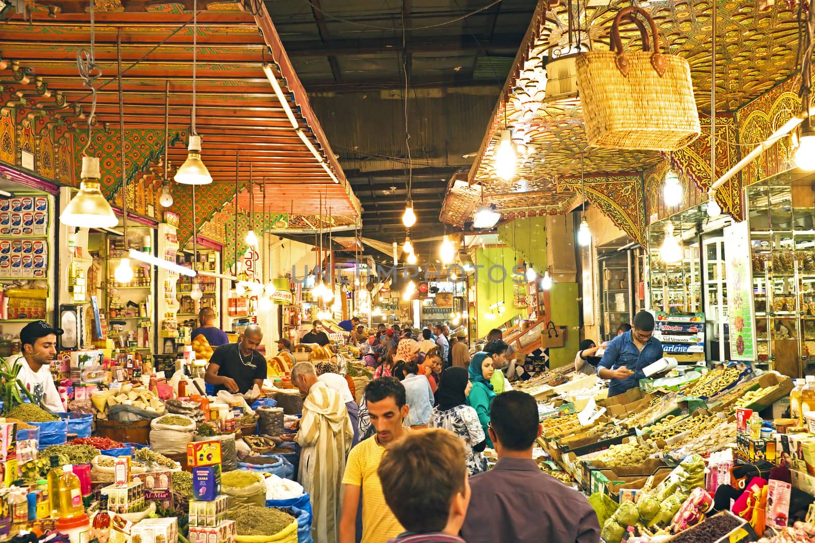Typical street market in the old medina of Fes, Morocco, Africa