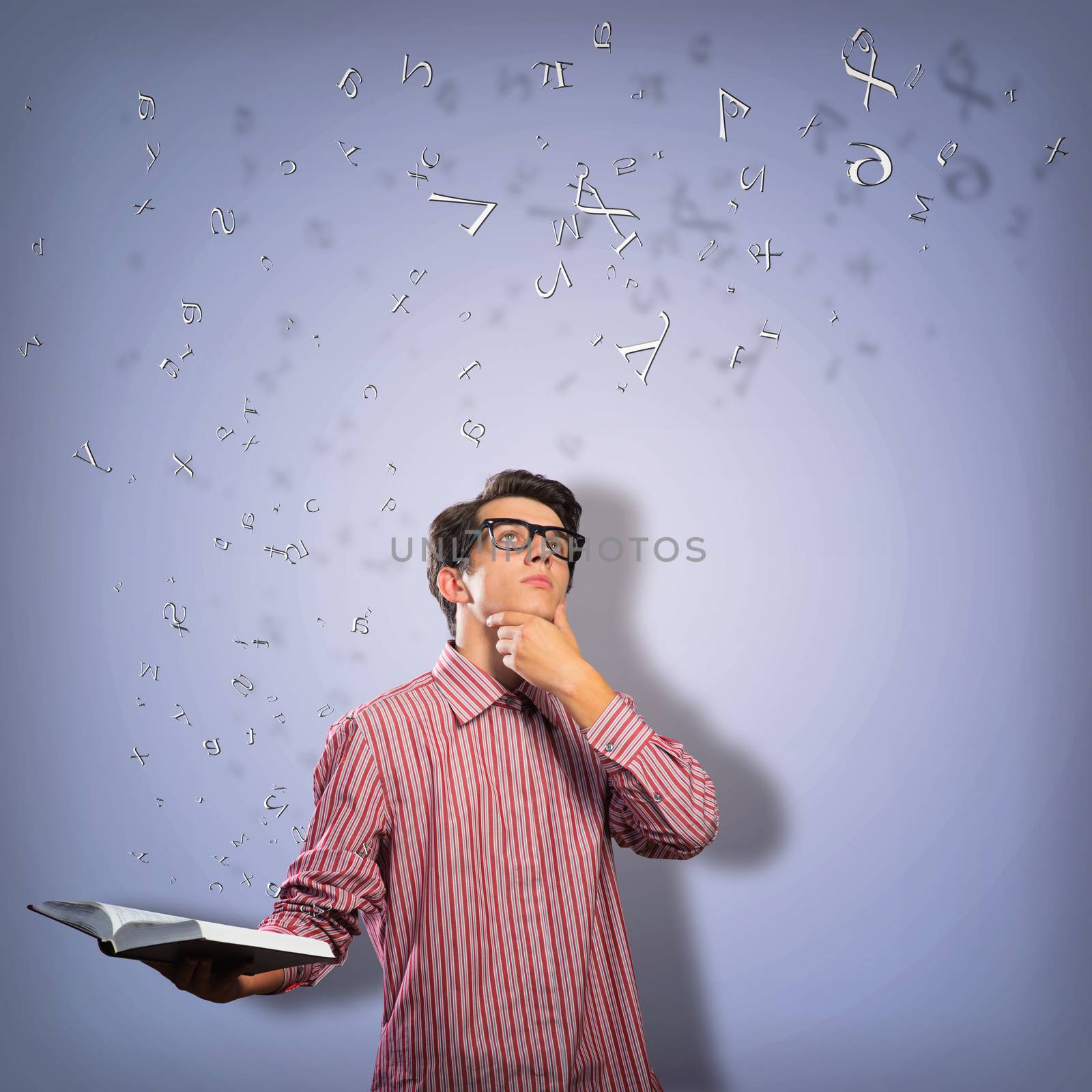 young scientist holding a book, fly out different ideas. concept of creativity