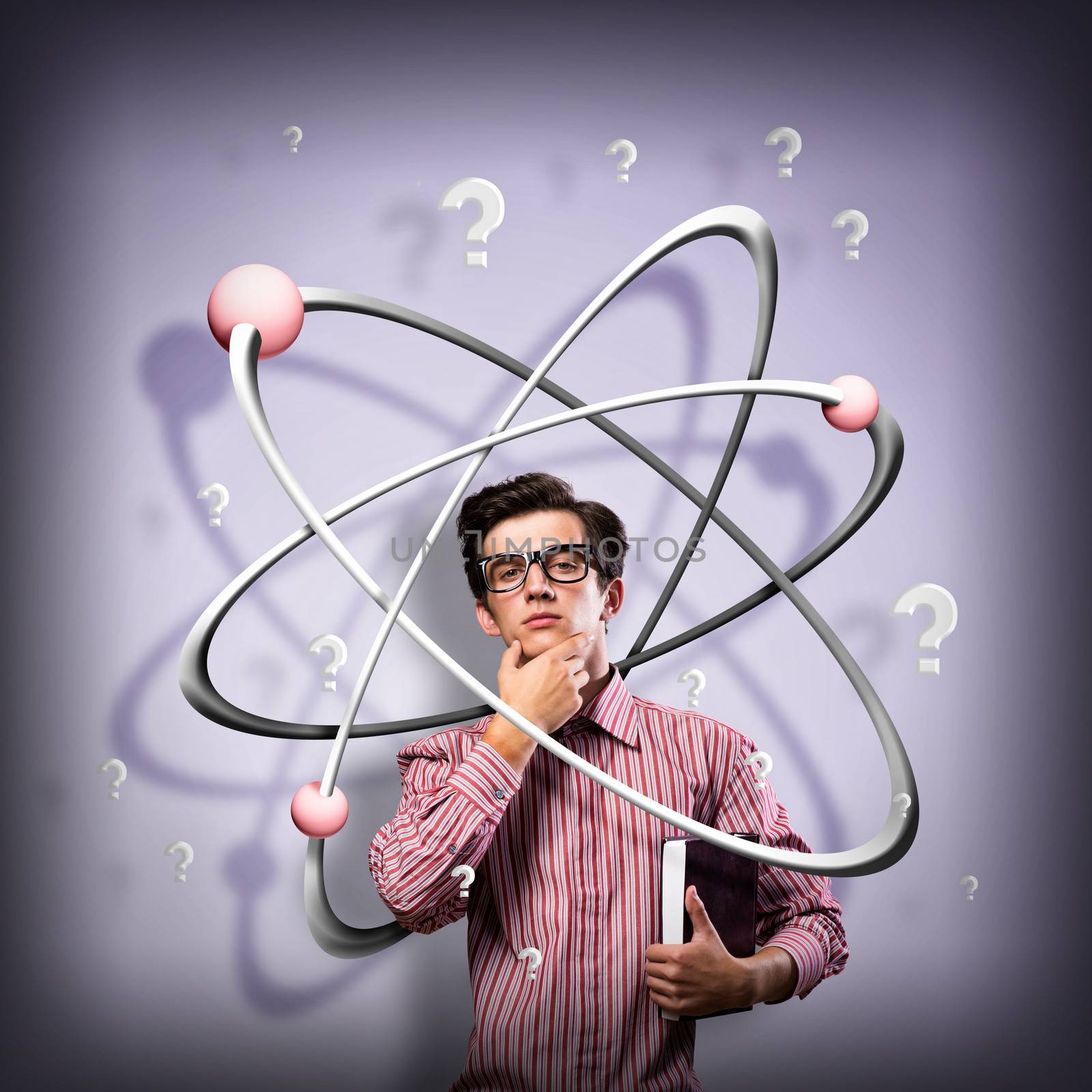young man scientist in glasses thinking. next to it various painted symbols