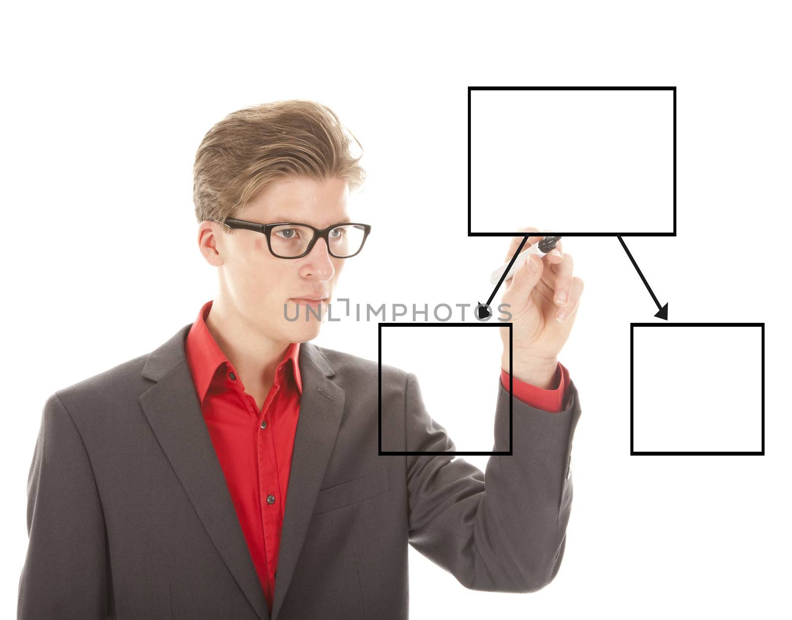 Young student writing an chart isolated on white background