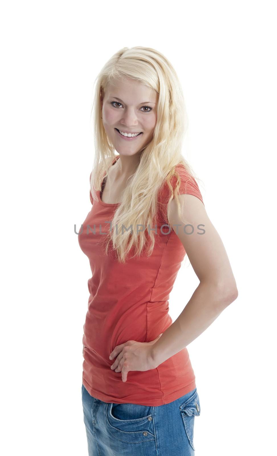 happy young blond woman against white background