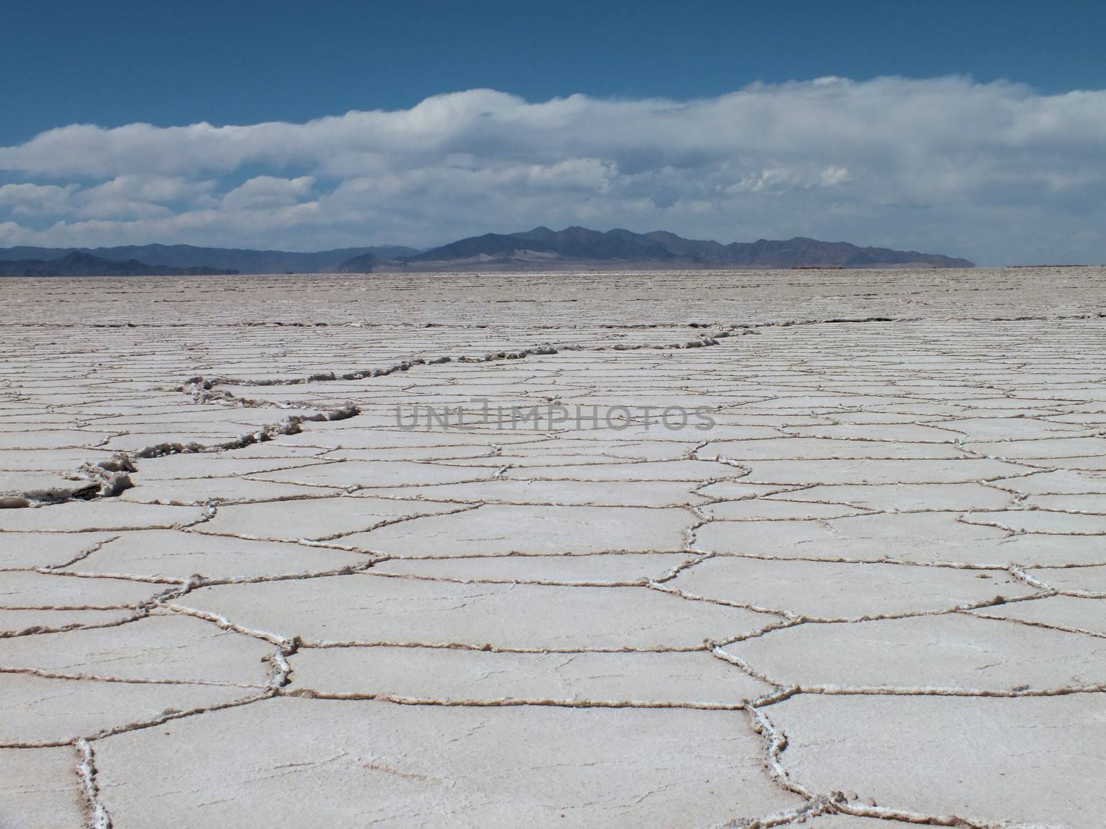 The Salinas Grandes salt flats extend over a 300 square mile area in NW Argentina. This kind of terminal high desert dry lake or salt flat occurs when water containing salt and minerals invades a low area and eventually evaporates leaving behind a deposit of salt. The area floods during the rainy season in the summer and the salt is harvested in the following winter and spring