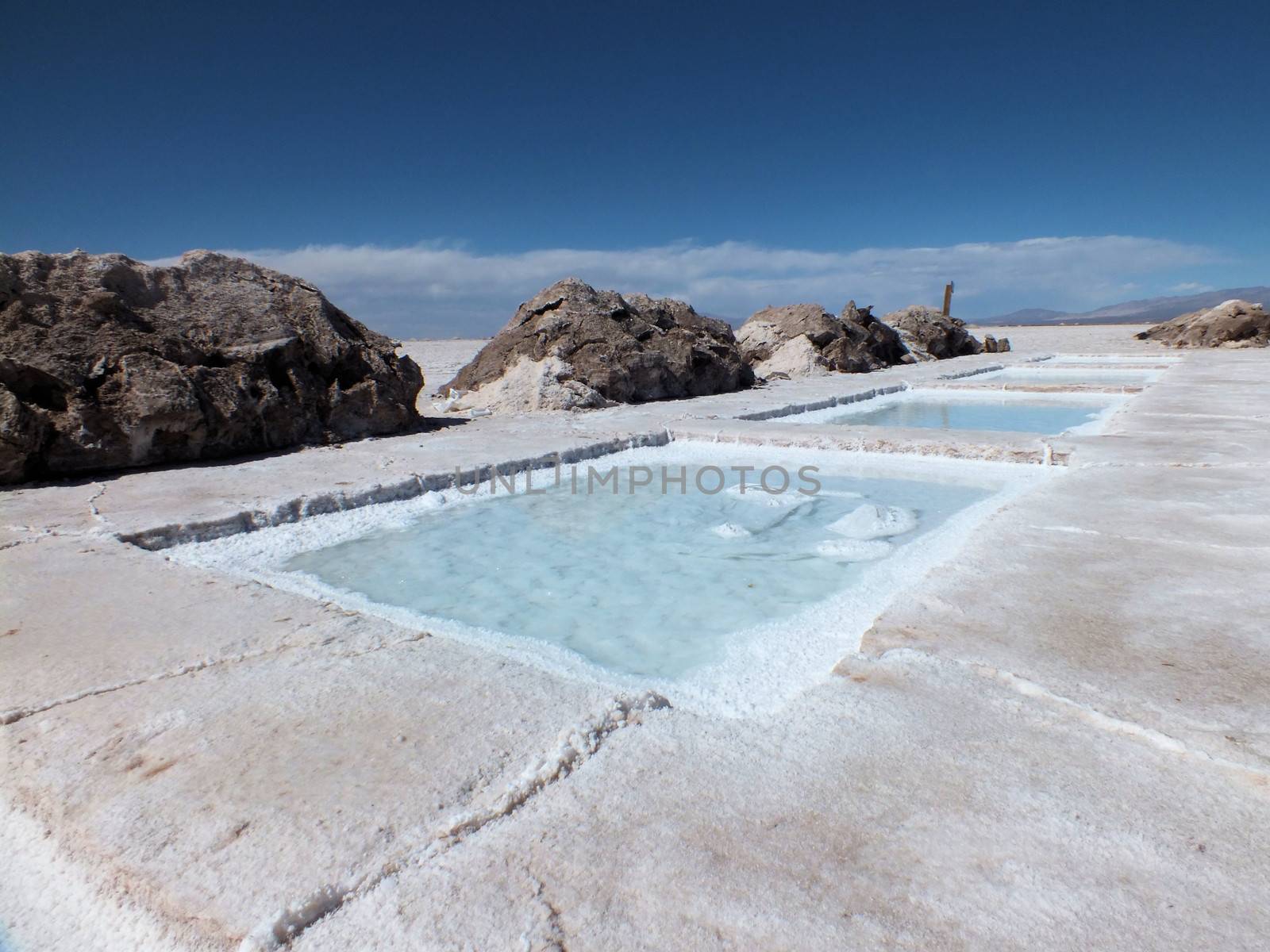 The Salinas Grandes area floods during the rainy season in the summer and the salt is harvested in the following winter and spring from pans such as these