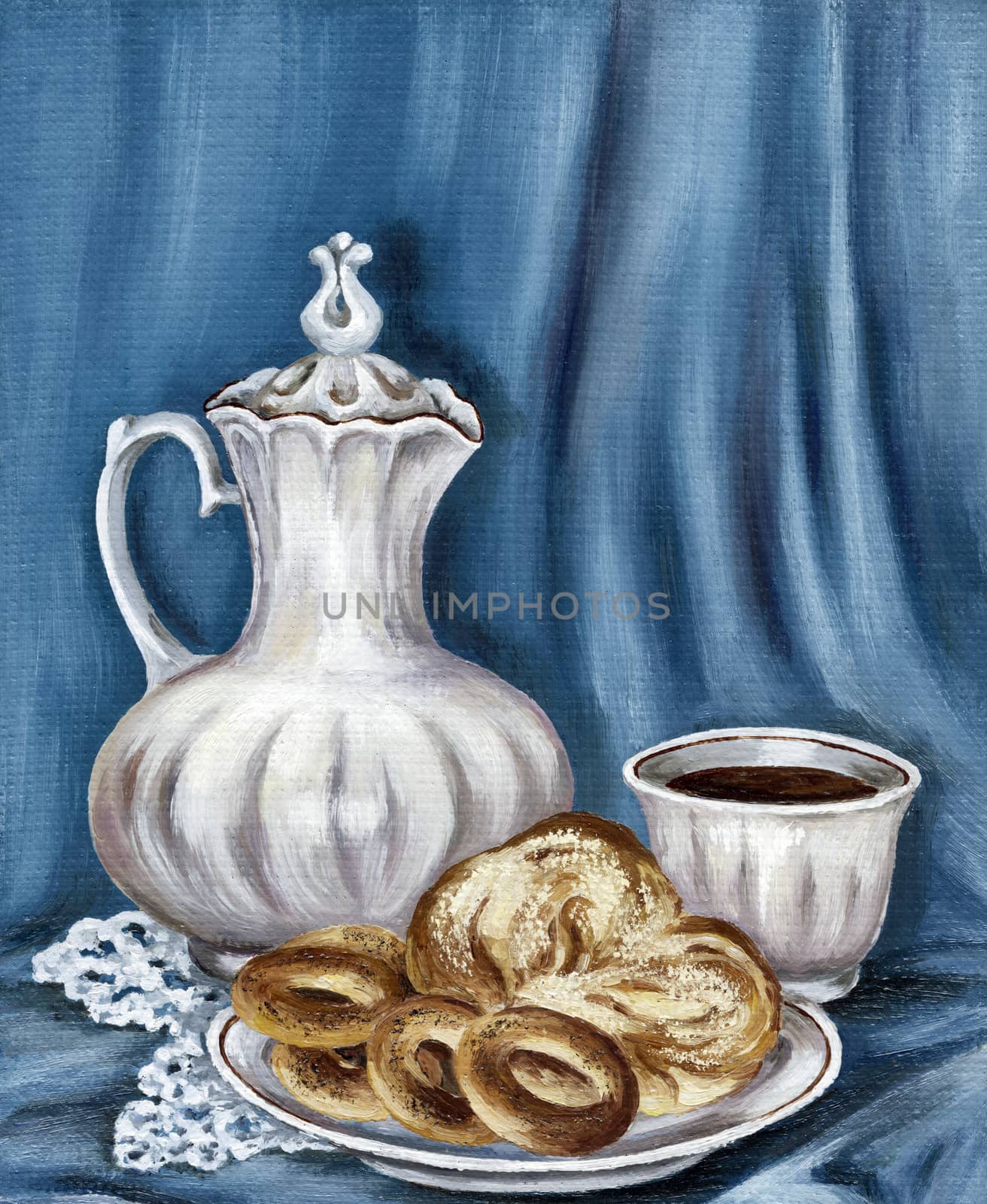Painting: jug, bread and coffee cup by alexcoolok