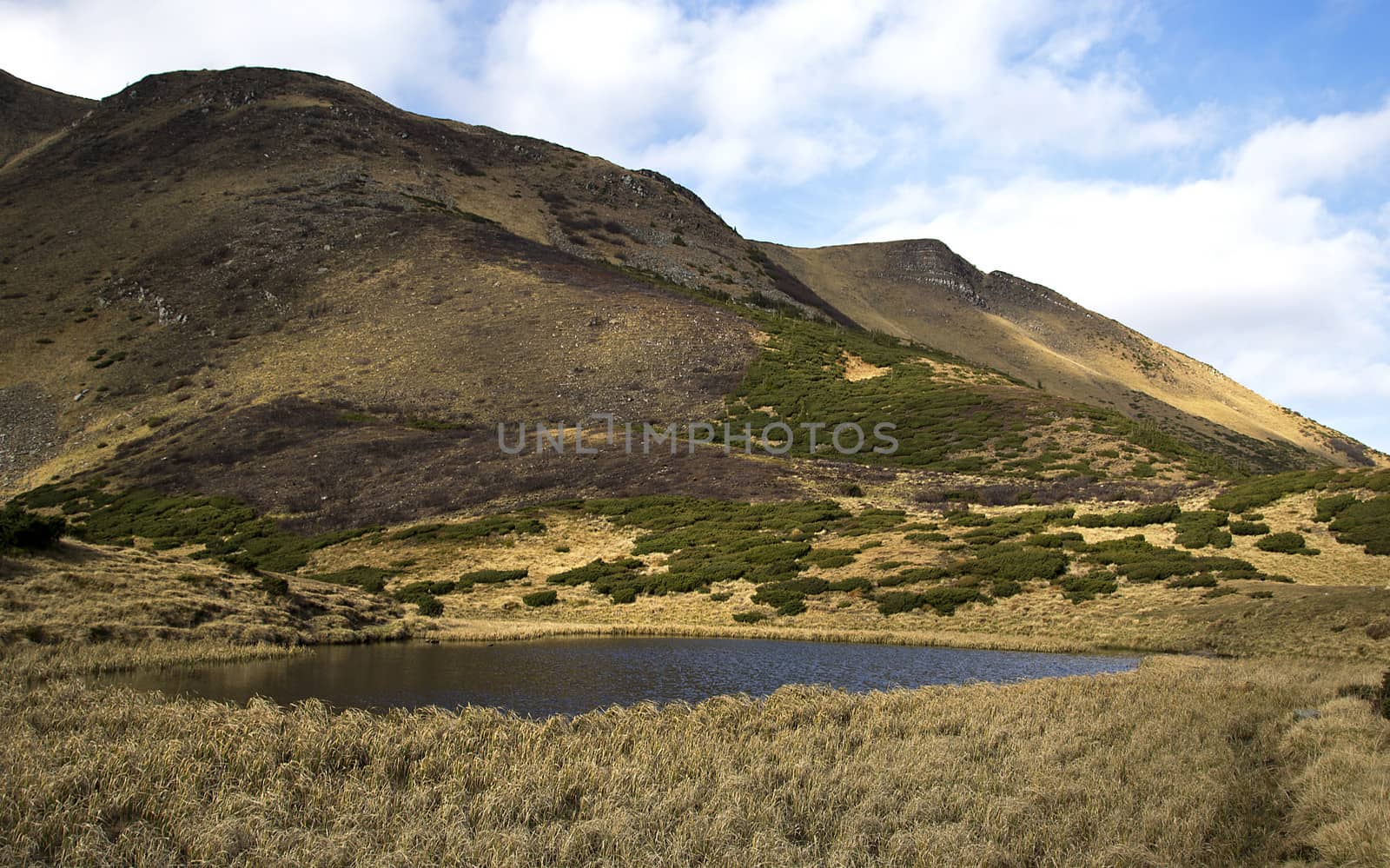 Oval lake at the foot of the mountain by Irene1601