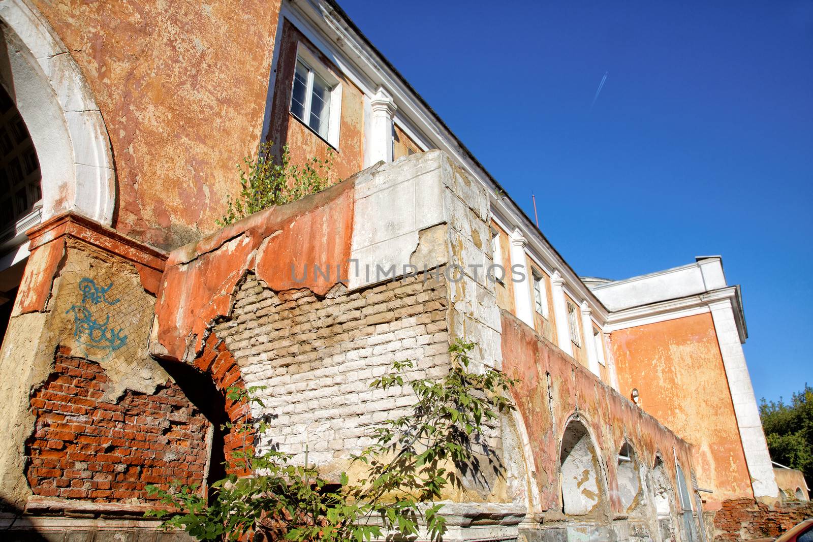 Old walls against the dark blue sky