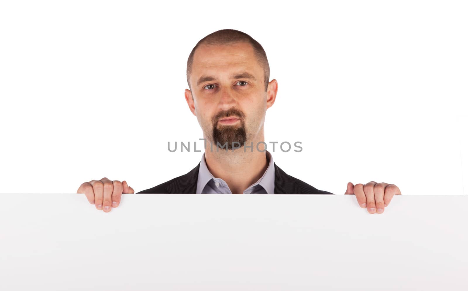 Mature businessman holding billboard copyspace isolated on white