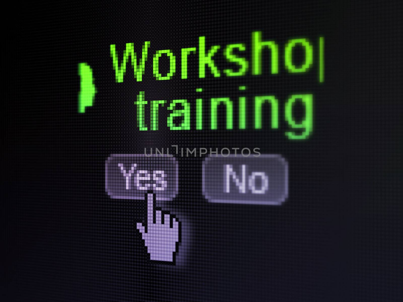 Education concept: buttons yes and no with pixelated Head With Keyhole icon, word Workshop Training and Hand cursor on digital computer screen, selected focus 3d render