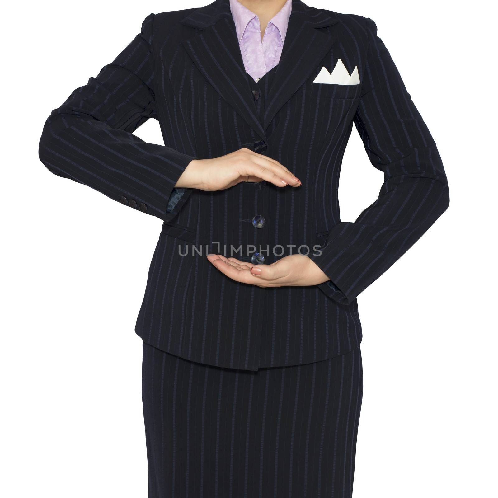 Woman in suit holding his hands before him by cherezoff