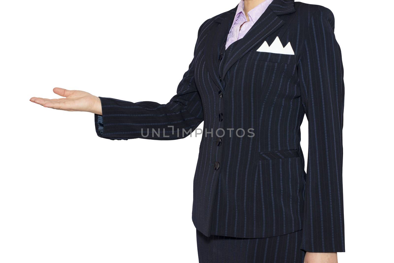 Woman in suit holding his hand before him. Crop