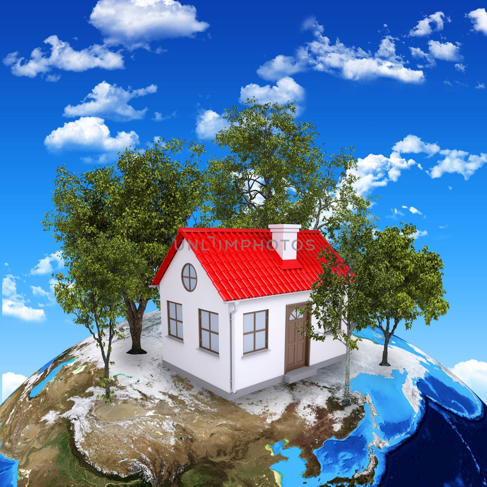 Earth planet image with house on surface. Elements of this image are furnished by NASA