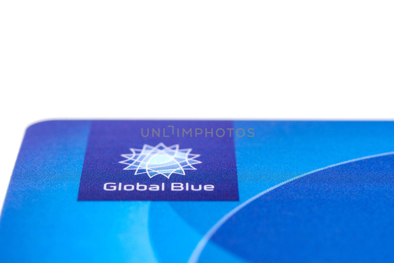 MUNICH, GERMANY - FEBRUAR 20, 2014: Logotype of tax free company "Global Blue". Everything you need to know about saving money when you shop abroad - it's easy to reclaim the tax.