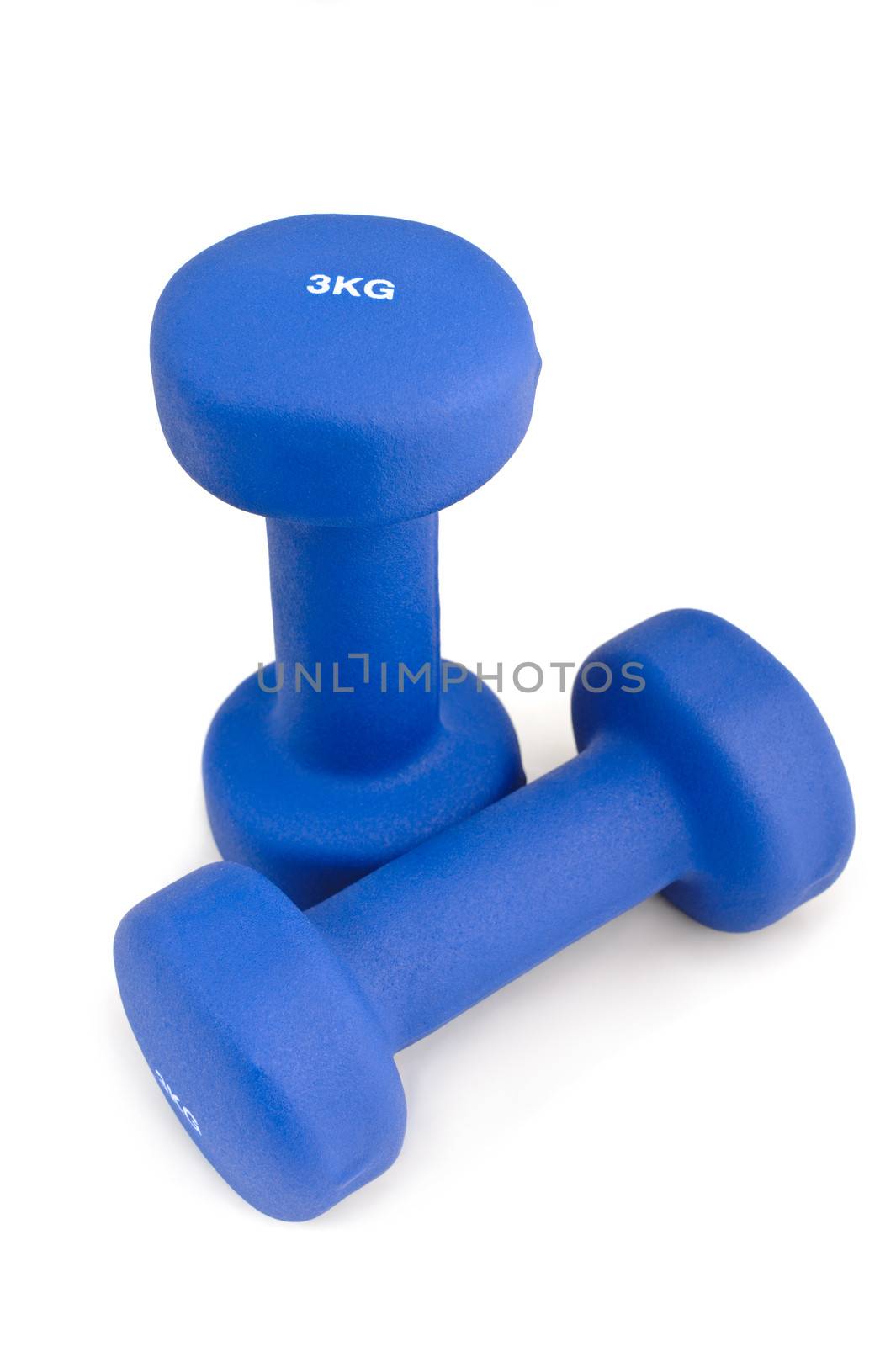 pair of 3 kg rubber dipped blue dumbbell, selective focus