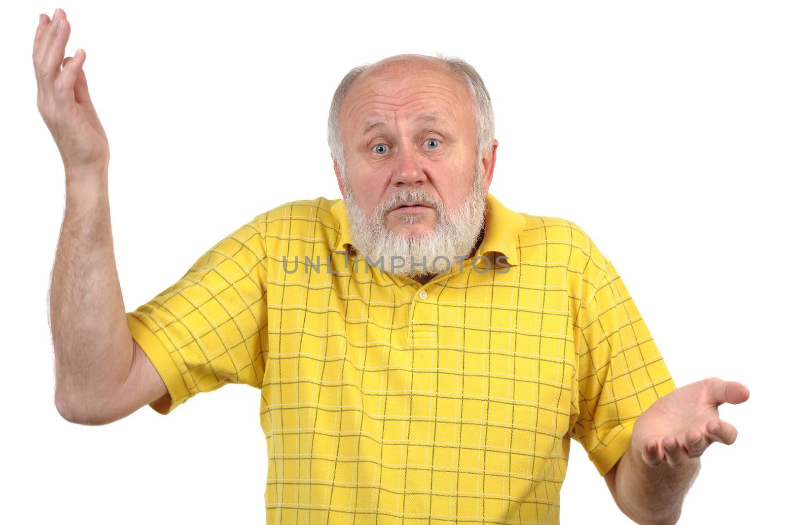 senior bald man in yellow shirt shows disturbance