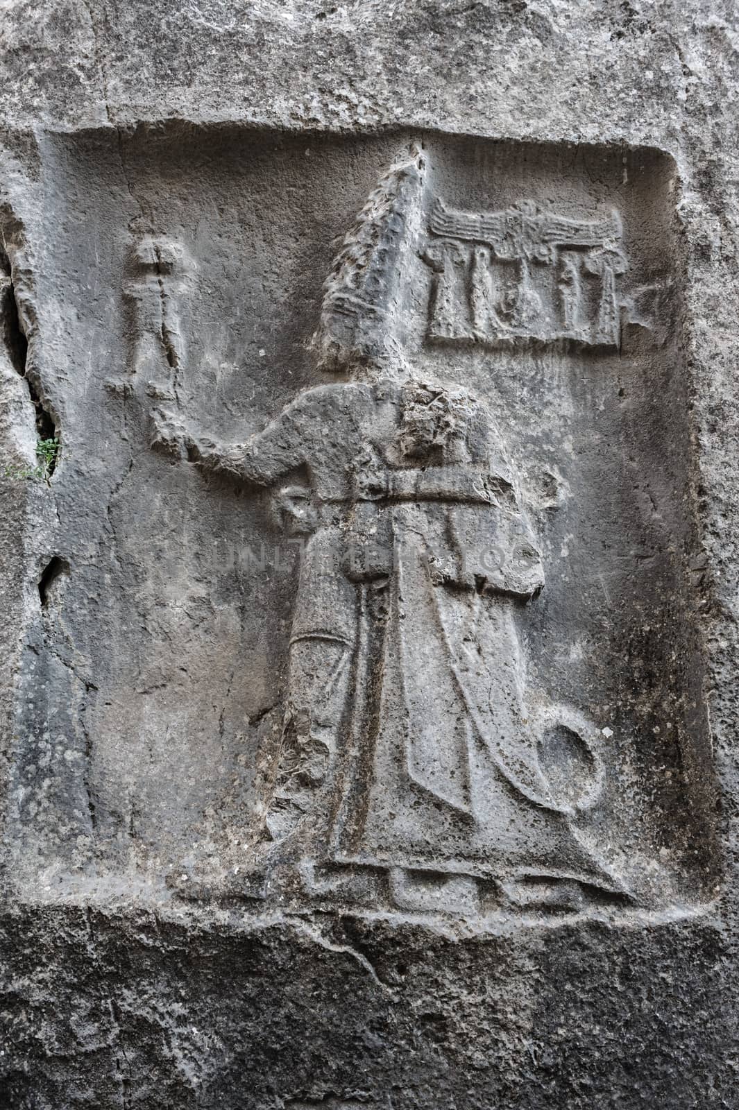 Rock carving in Yazilikaya depicting god Sharruma and King Tudhaliya dated to around 1250 - 1220 BC.