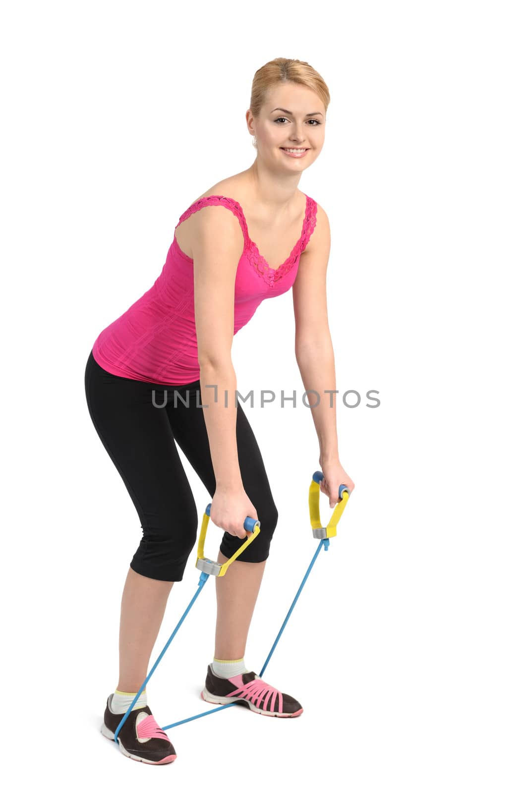 Female back extension exercise  using rubber resistance band