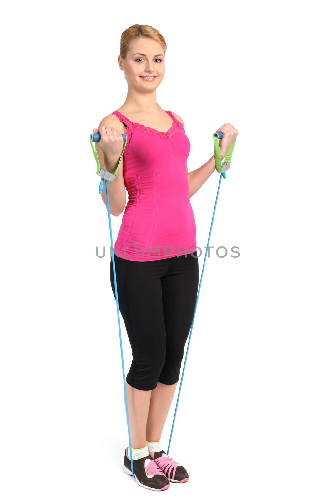 Female biceps exercise using rubber resistance band by starush