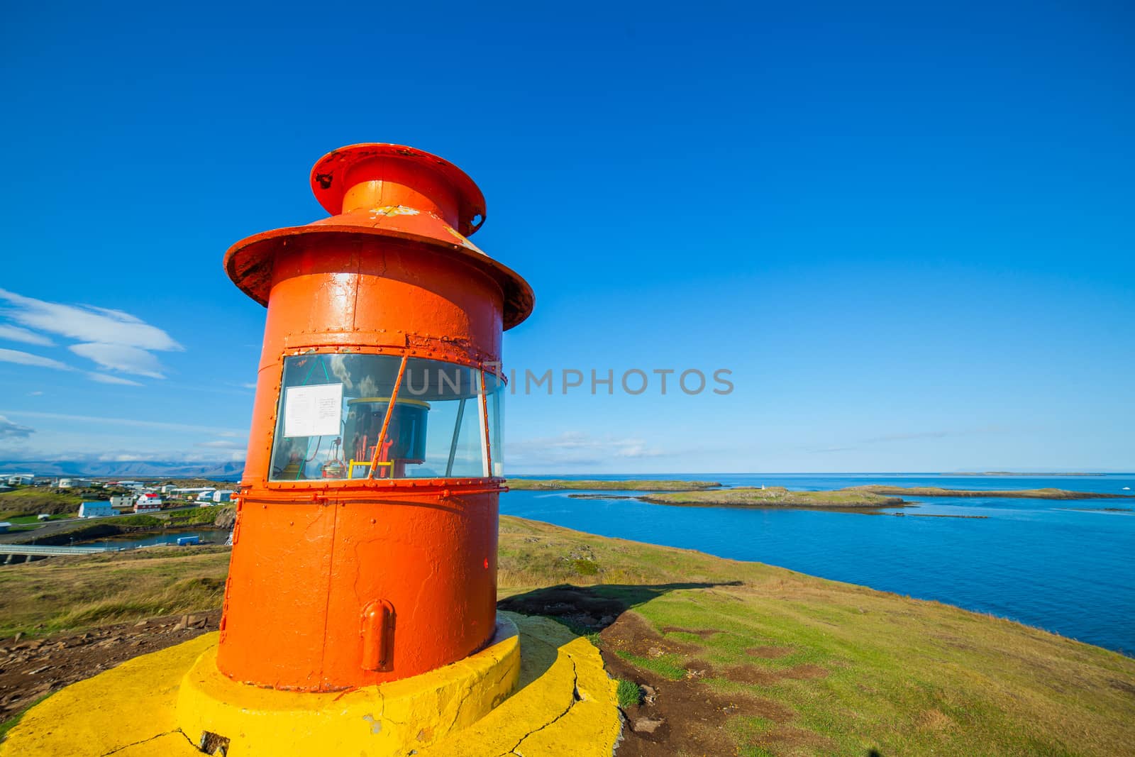 Red lighthouse in Stykkisholmur, Iceland on the Snaefellsnes peninsula.