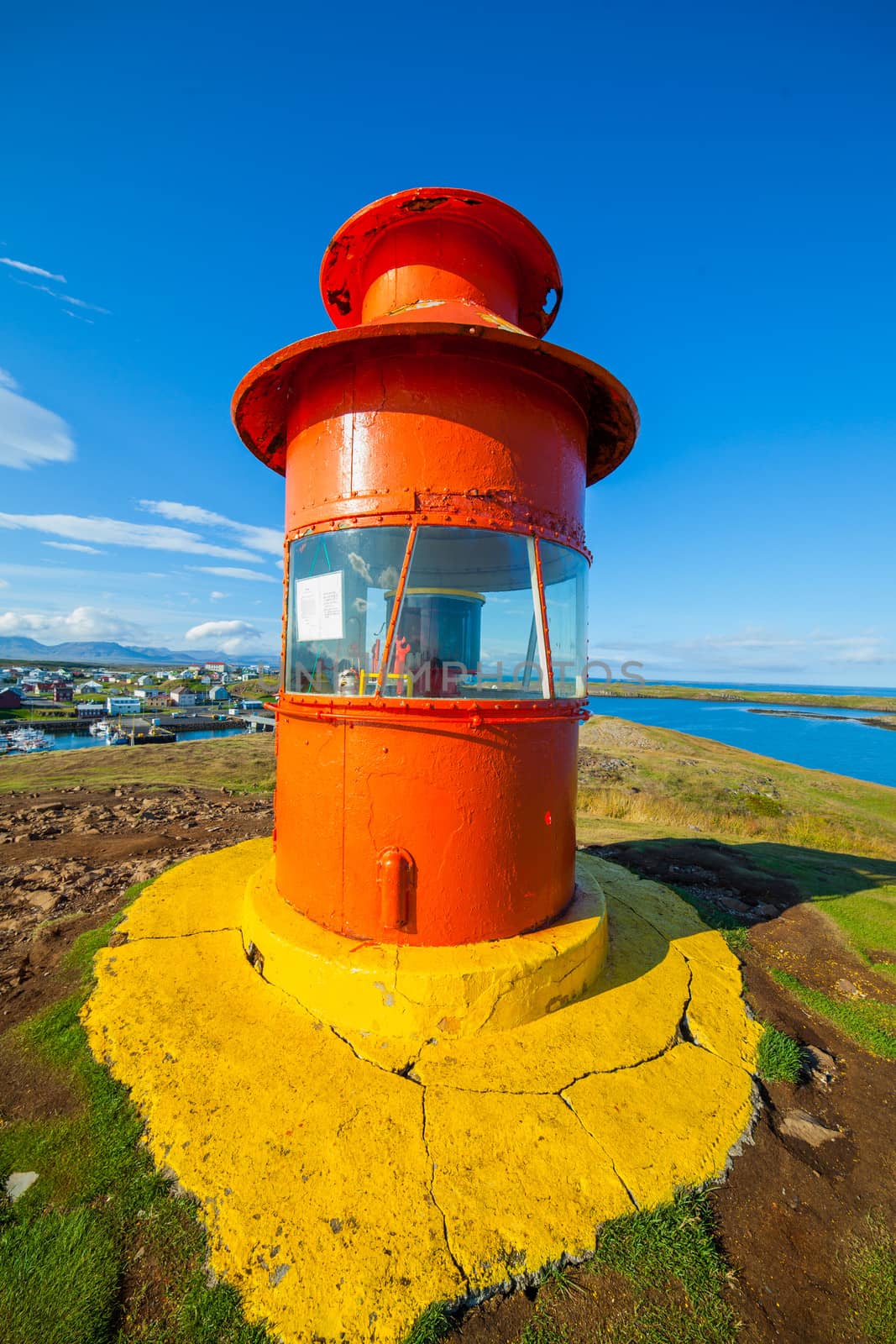 Red lighthouse in Stykkisholmur, Iceland on the Snaefellsnes peninsula. Vertical view