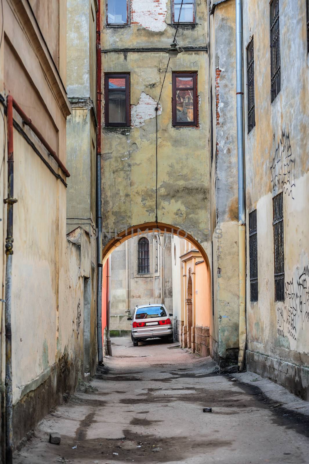 View through the gateway in old city of Lviv, Ukraine