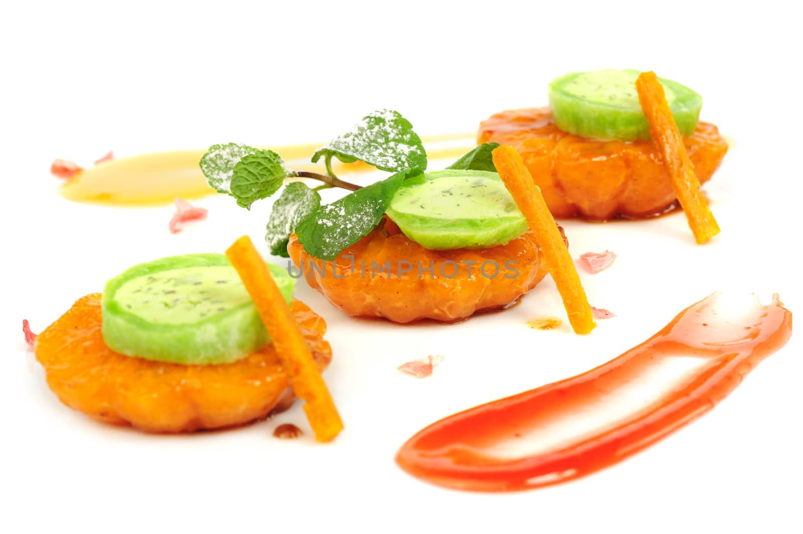 Japanese dessert Mochi with sliced mandarines served on plate