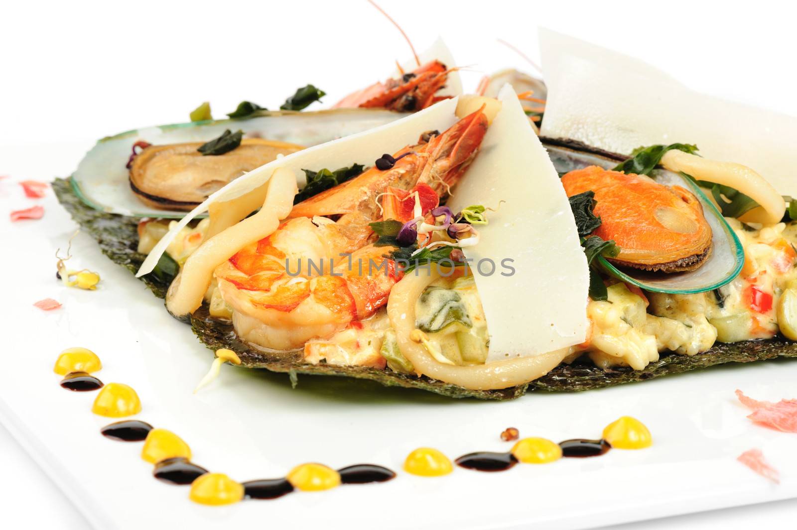 Risotto with seafood, mediterranean and japanese cuisine fusion