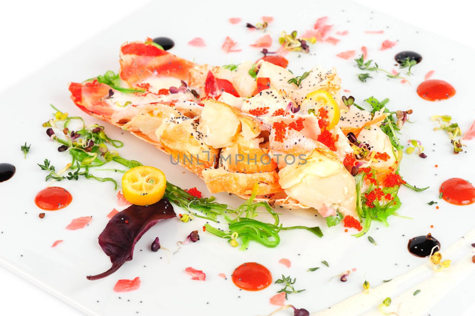 Lobster salad in japanese style with chuka seaweed and tobico