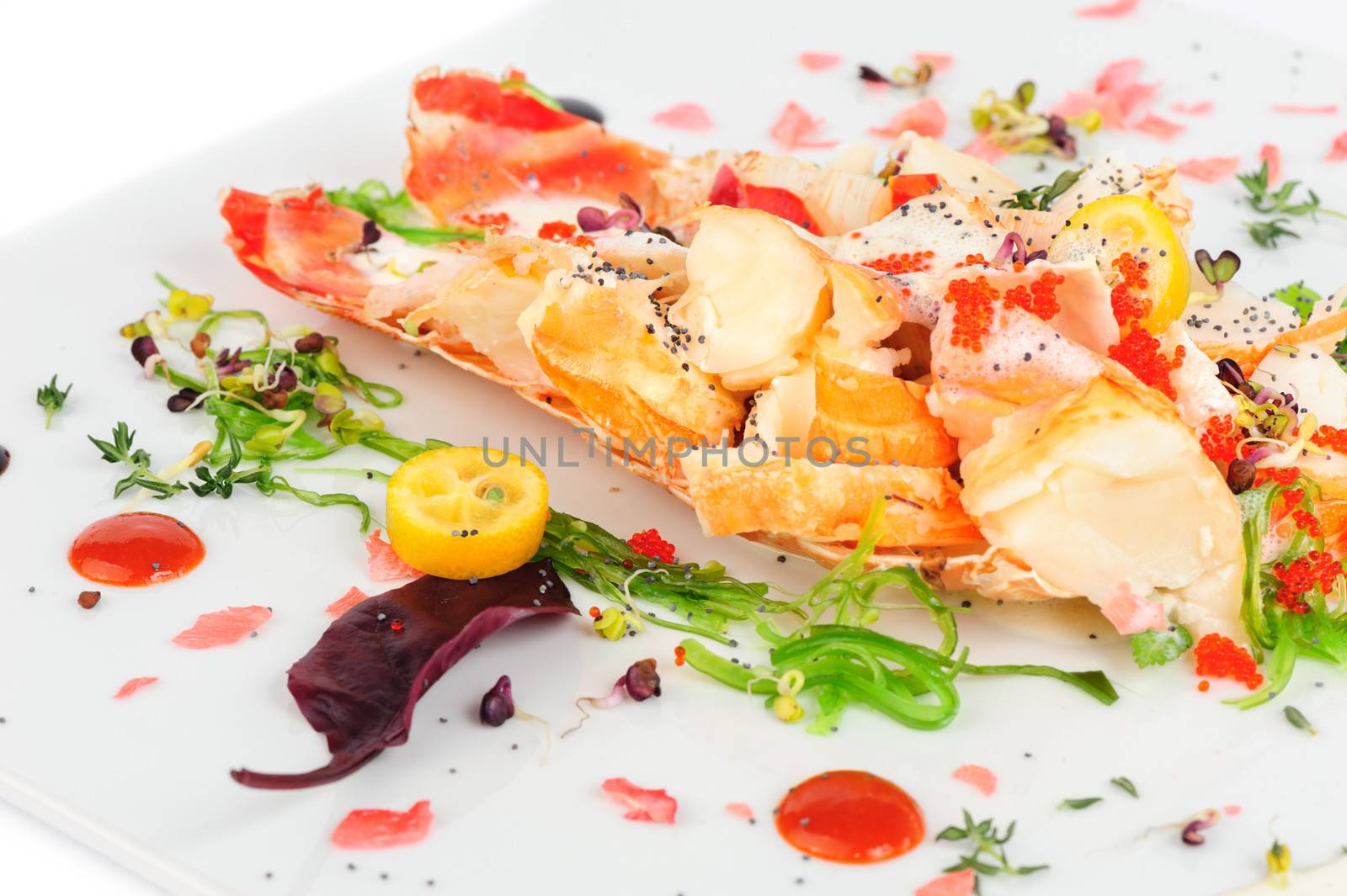 Lobster salad in japanese style with chuka seaweed and tobico