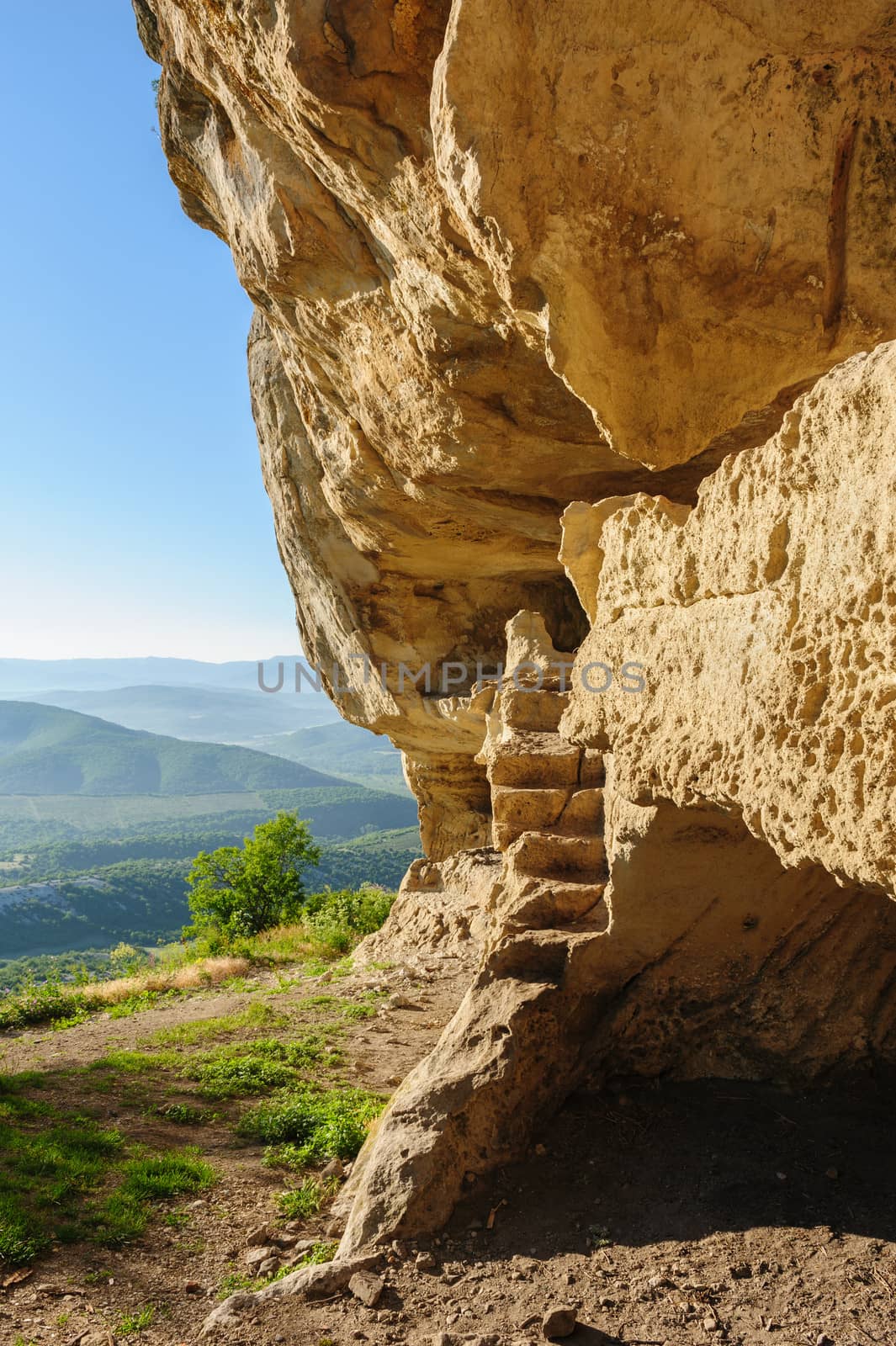 Caves at Tepe Kermen, Crimea, in the morning rays of sunlight