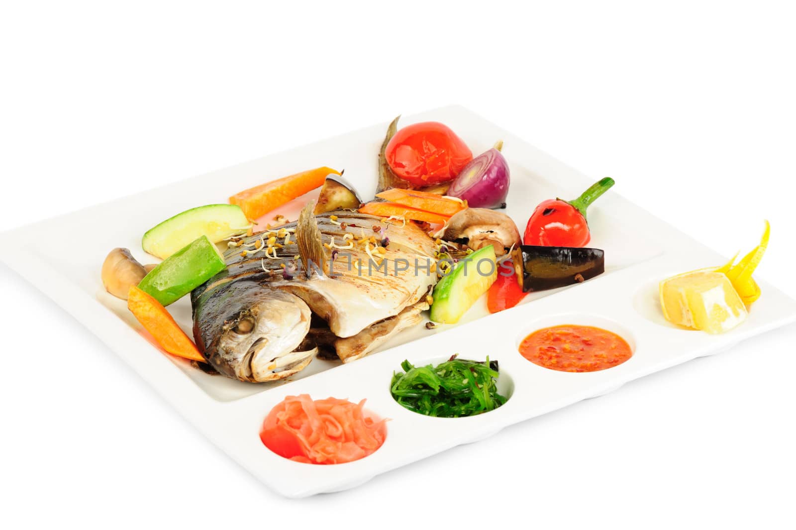 fried wish with grilled vegetables and sauces by starush