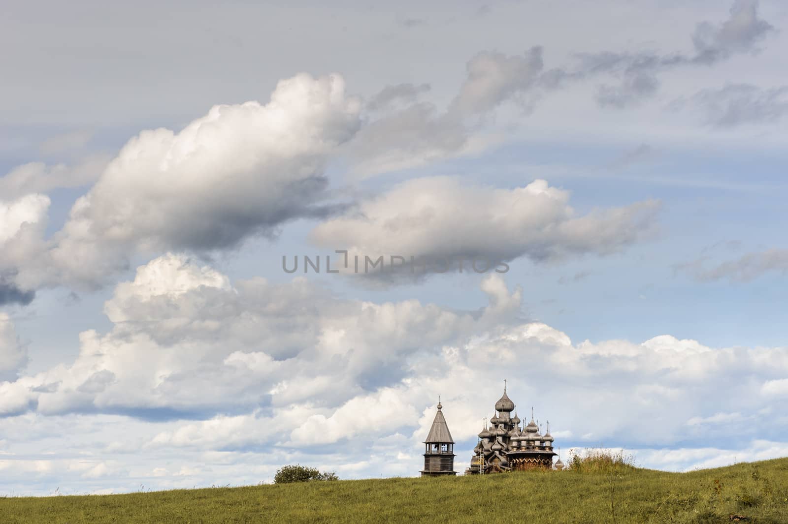 Antique wooden Church of Transfiguration at Kizhi island in Russia under reconstruction