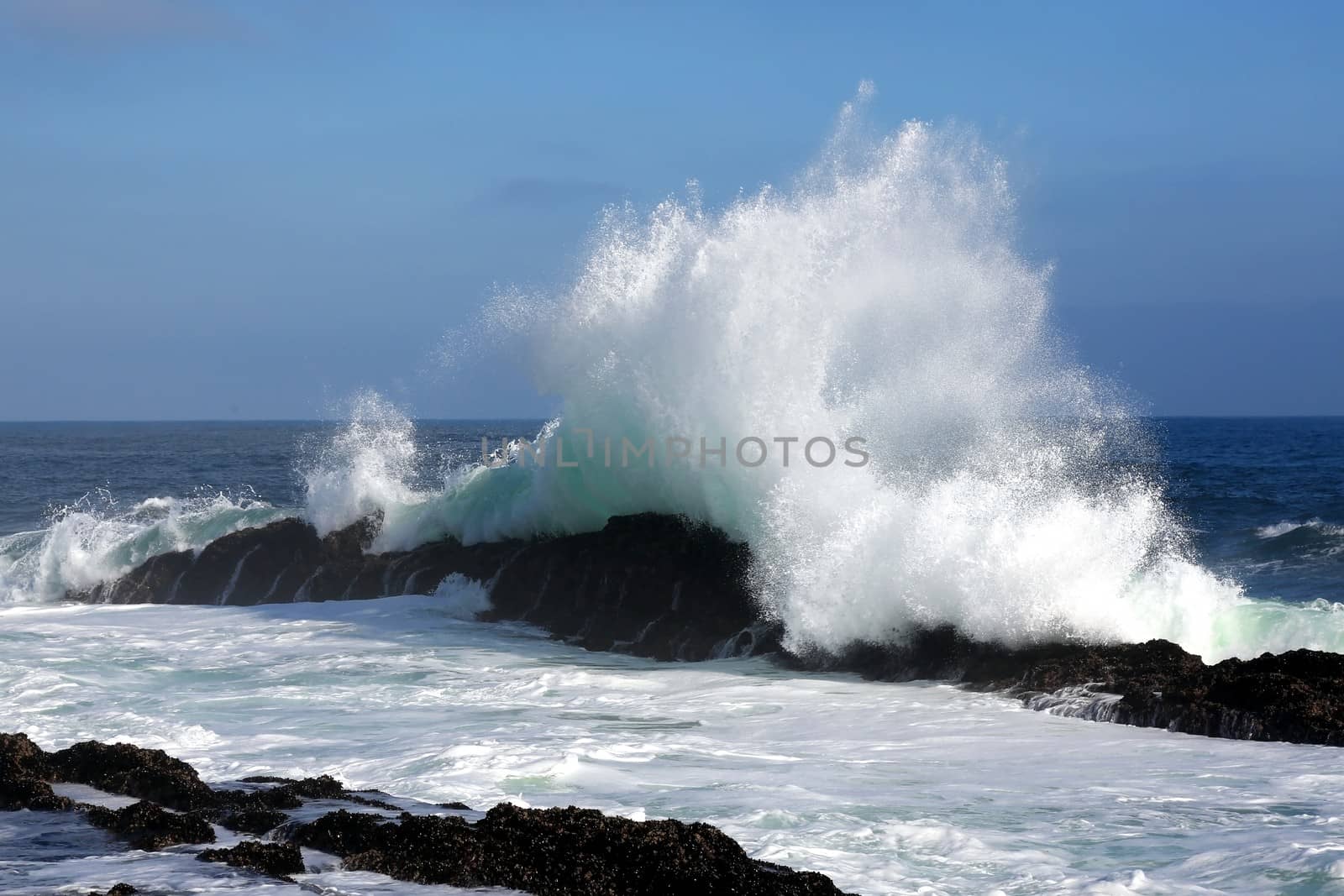 Ocean wave crashing into a rock on the coastline in South Africa