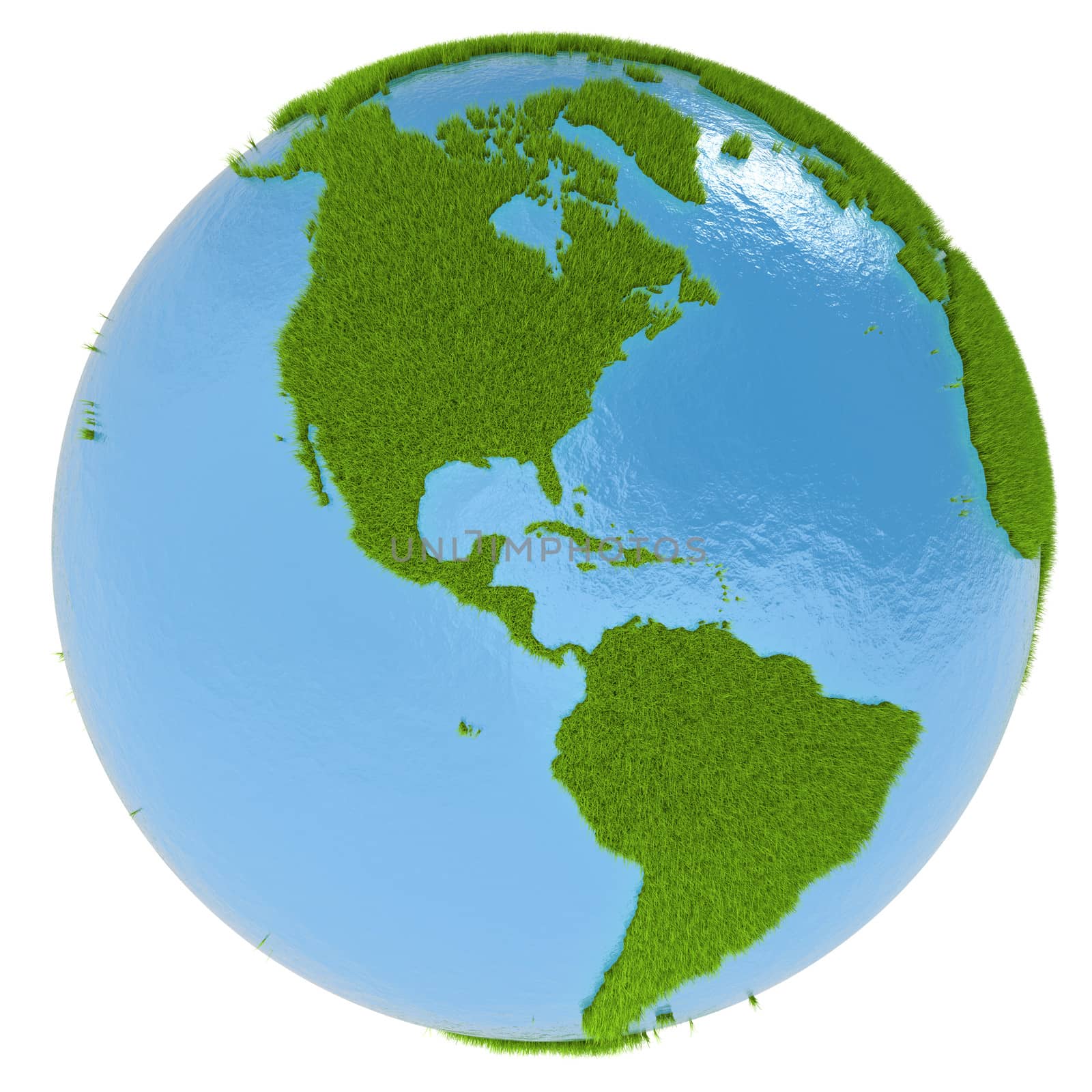 American continent on green planet covered with grass isolated on white background. Concept of ecology and clean environment. Elements of this image furnished by NASA