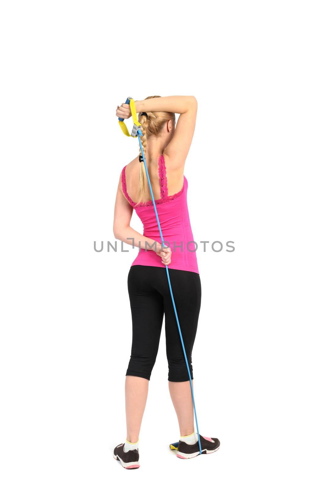 triceps extention exercise using rubber resistance band. position 1 of 2.