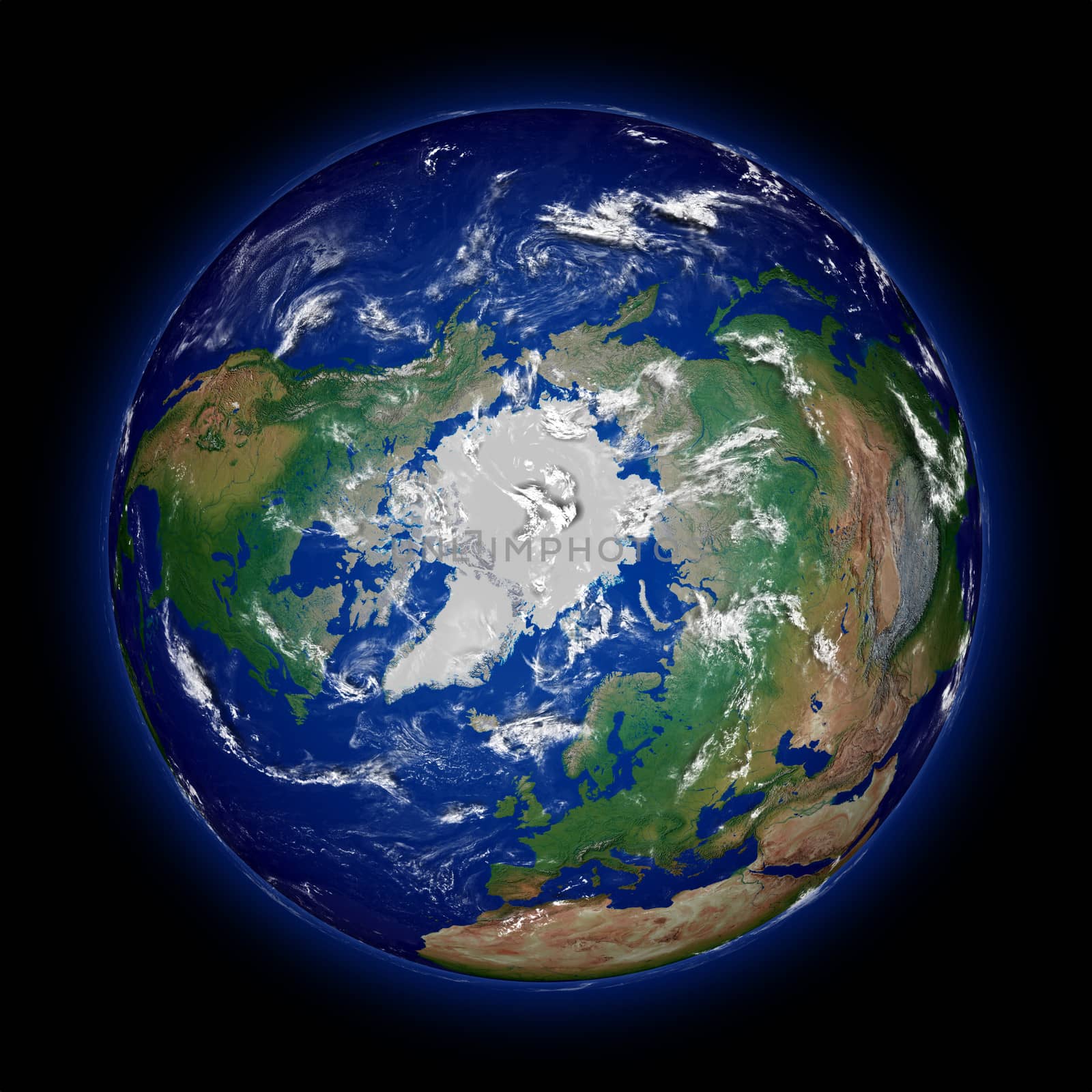 Northern hemisphere on Earth viewed from above north pole isolated on black background. High detail planet surface. Elements of this image furnished by NASA.