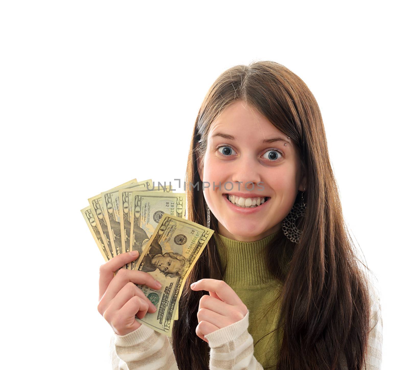 A Young Brunette Woman with Money in her hand, over White, Dollar Sign Reflection in Eyes