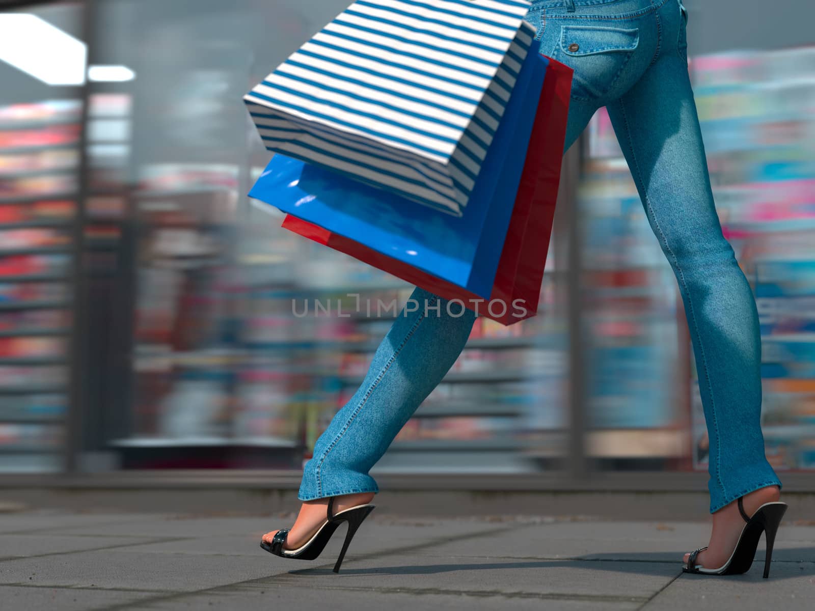 Walking shopping woman holding bag on the city square close up