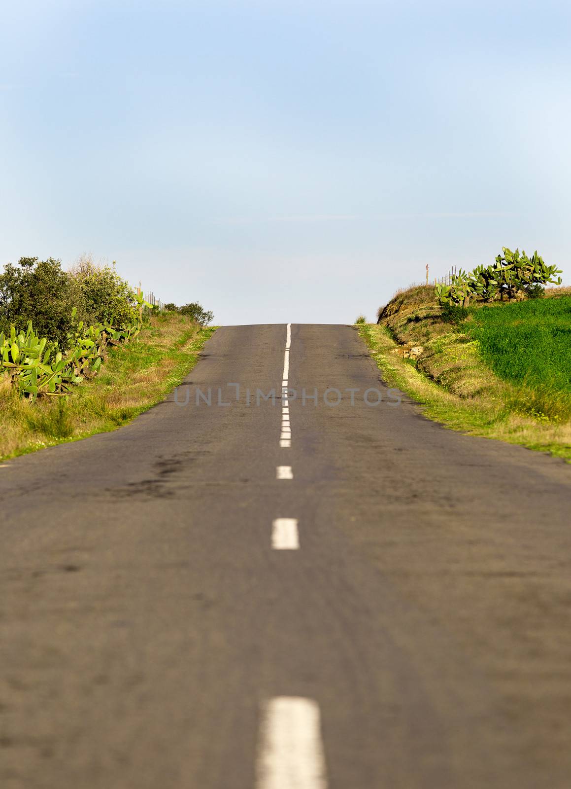 Long Country Road with Markings on Blue Sky Background