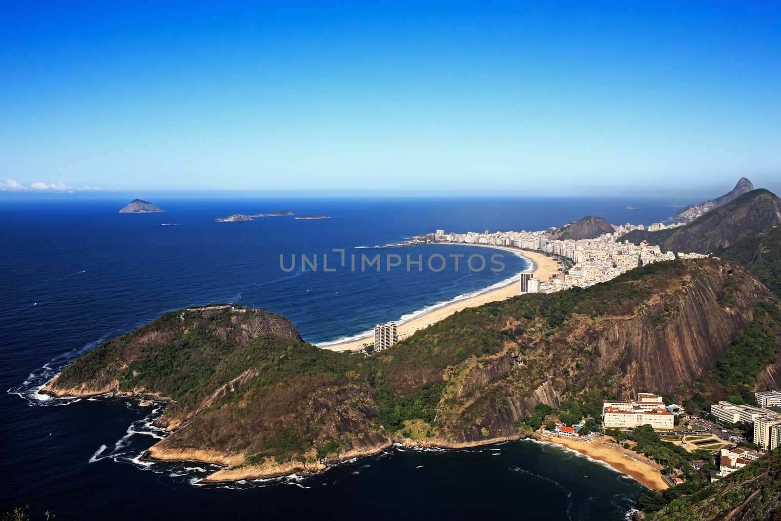 aerial view panorama from the sugar loaf of botafogo copacabana beach in rio de janeiro in brazil