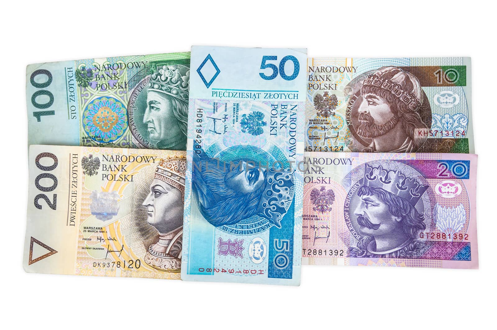 Set of polish banknotes isolated on white background with clipping path