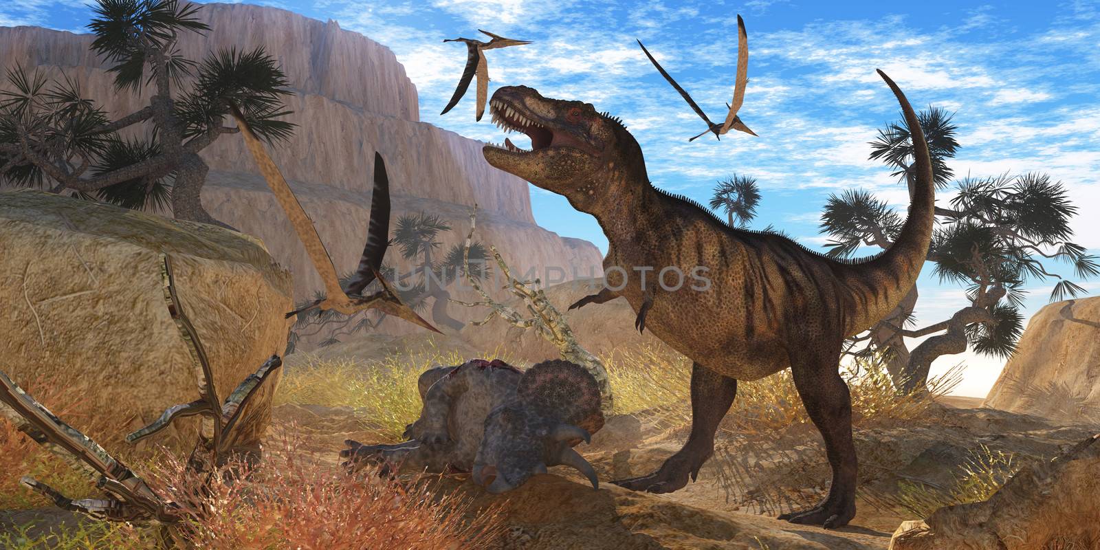 A Tyrannosaurus Rex dinosaur tries to eat his Triceratops kill when Pteranodons harass him.