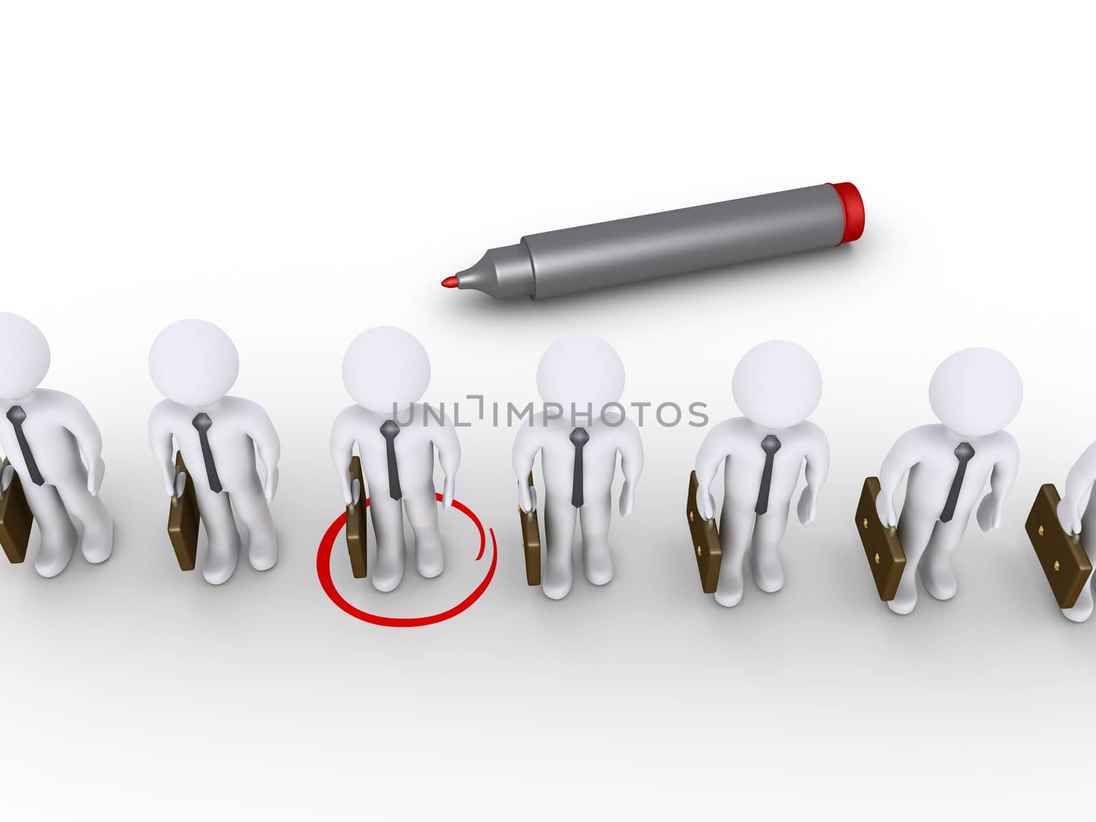 3d businessman is being selected with a circle by a marker